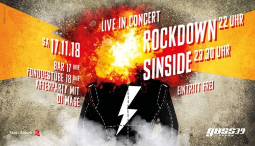Poster von der Veranstaltung Rock-Night: Rockdown & Sinside Live @ Guss39, Bülach