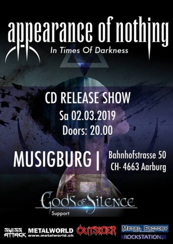 Poster of the event Appearance of Nothing & Gods of Silence at Musigburg, Aarburg