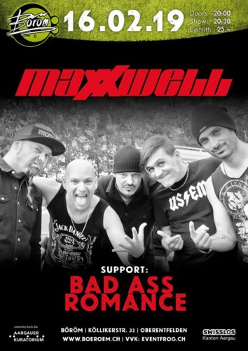 Poster of the event Maxxwell & Bad Ass Romance at Böröm pöm pöm, Oberentfelden