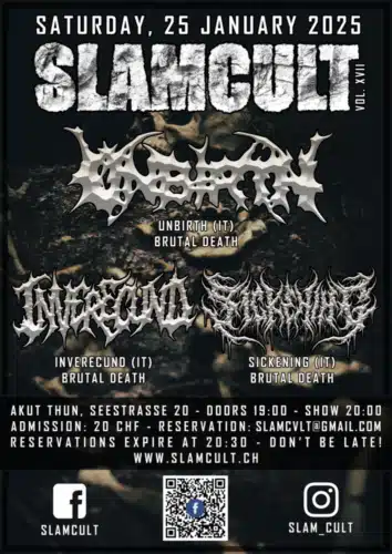Poster von der Veranstaltung Unbirth, Sickening & Inverecund @ AkuT