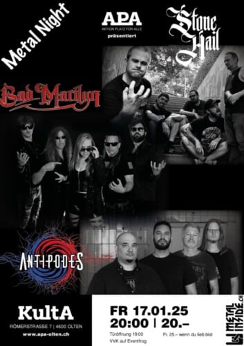 Poster von der Veranstaltung Bad Marilyn, Antipodes & Stone Hail @ APA KultA