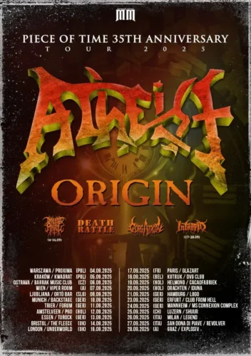Poster von der Veranstaltung Atheist, Origin, Deathrattle, Gorgatron & Intrepid @ Konzerthaus Schüür , Luzern